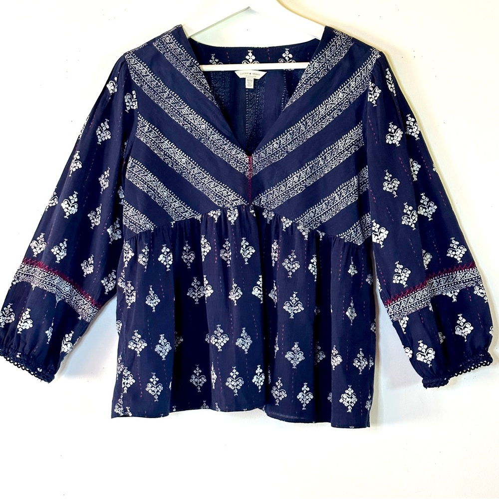 Lucky Brand Boho Navy Cotton Blouse M - Picture 1 of 8